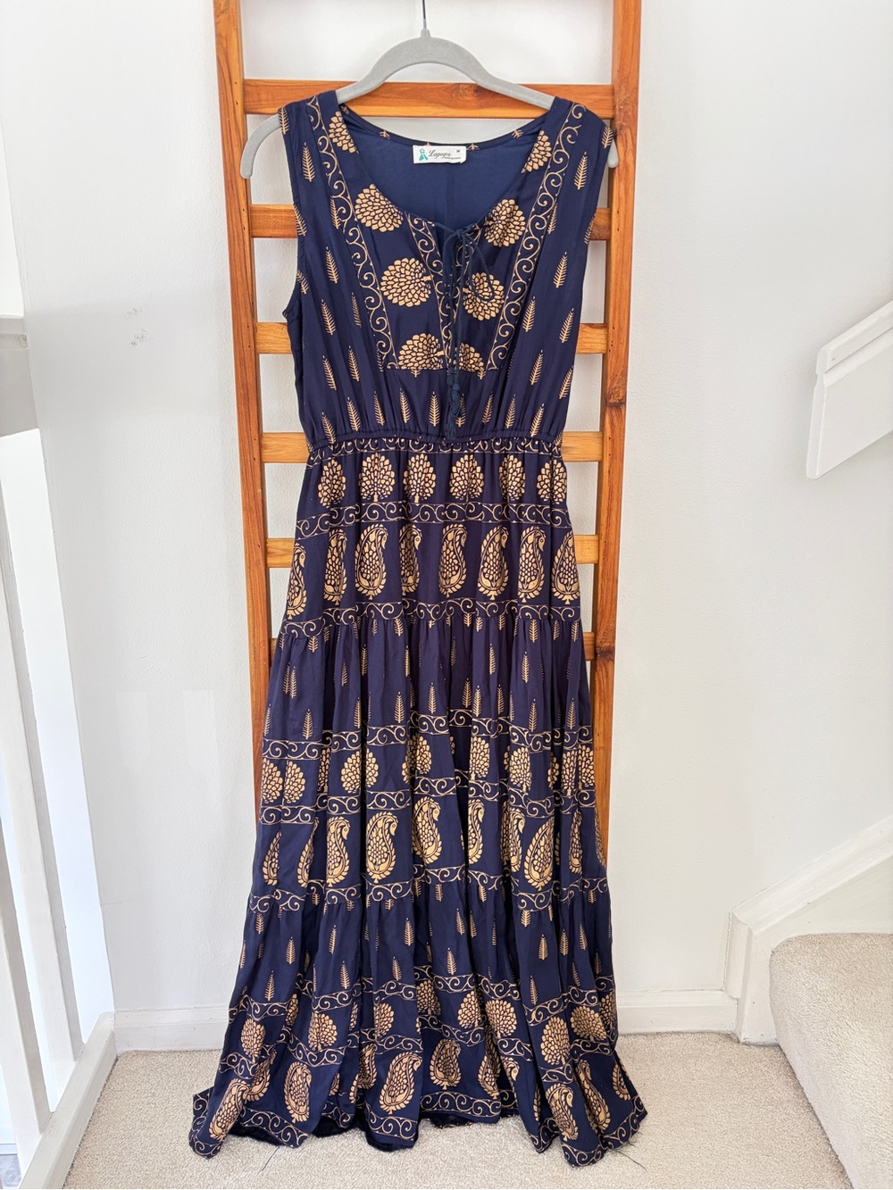 Lapogee Boho Navy Maxi Dress with Gold Print - Sz M